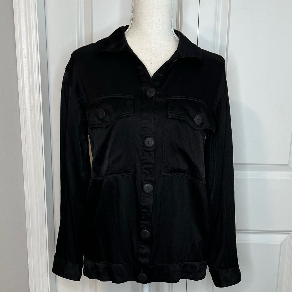 Nation LTD Black Satin Long Sleeve Button Up Shirt XS Rayon Shimmery Shiny Dark